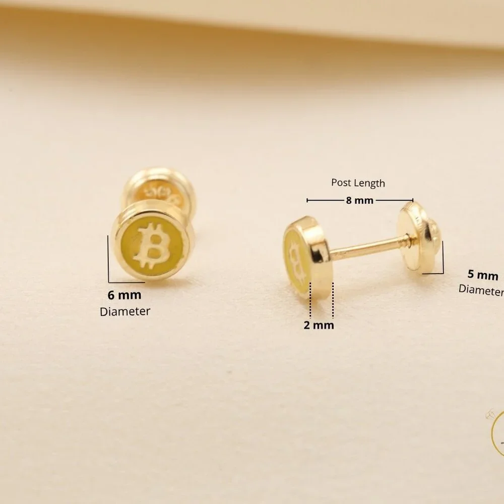 14K Solid Gold Bitcoin Logo Stud Earrings Crypto Luxury Fine Jewelry - Picture 6 of 7